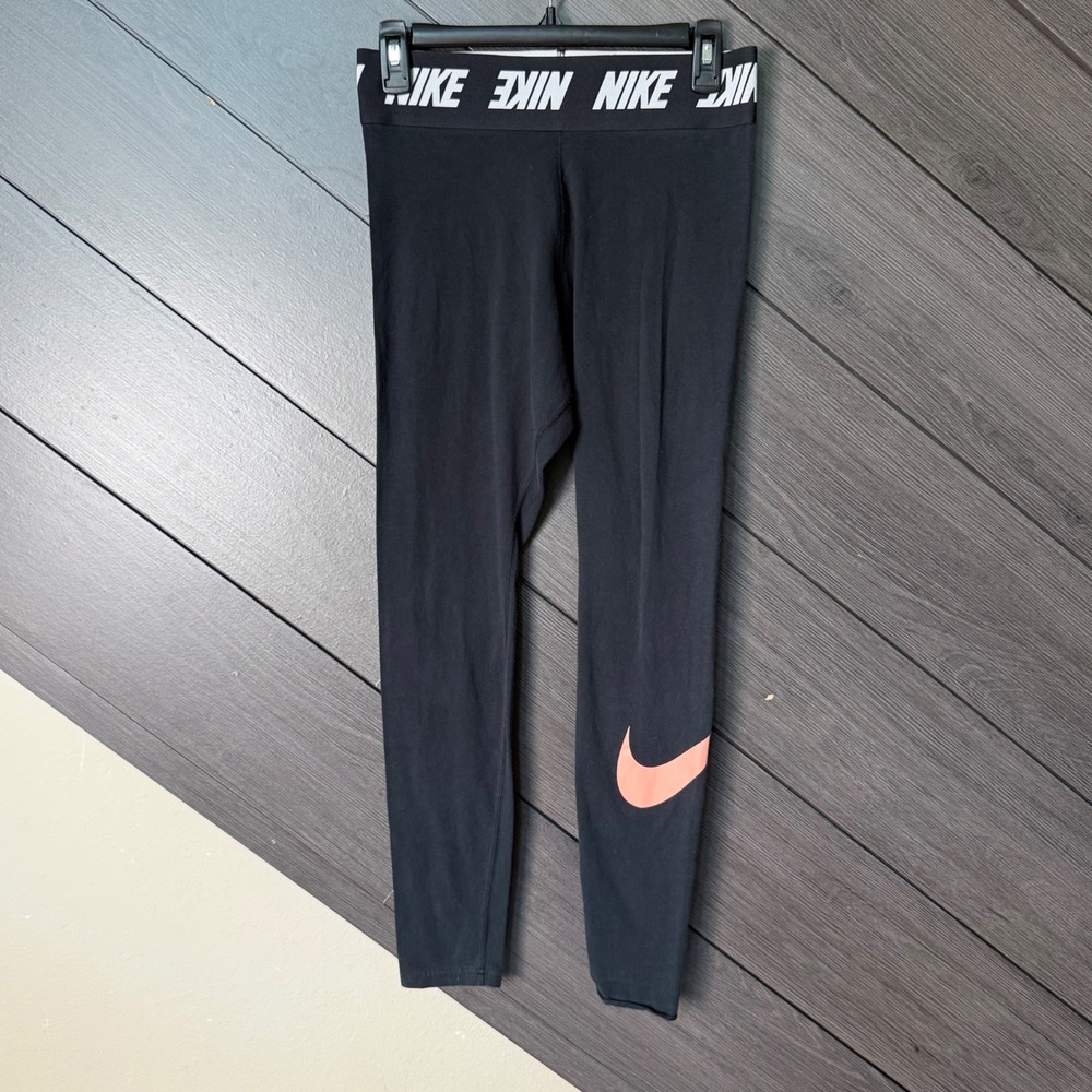 Nike Women's Logo Waistband Cotton Blend Leggings Black Peach Swoosh Size M